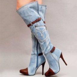 Denim Patchwork Stiletto Heel Polvisaappaat