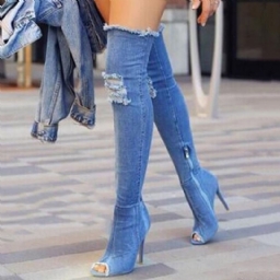 Denim Side Vetoketju Peep Toe Naisten Polvisaappaat