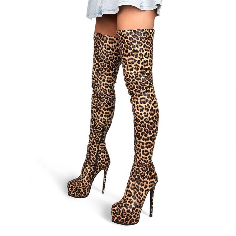 Stiletto Heel Leopard Side Vetoketjulliset Saappaat