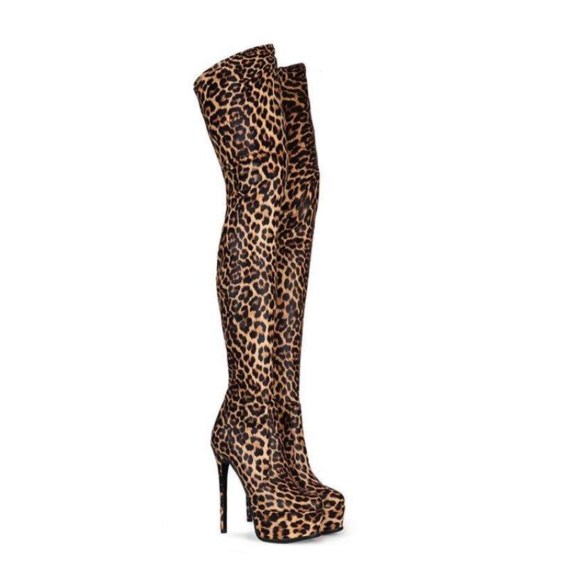 Stiletto Heel Leopard Side Vetoketjulliset Saappaat