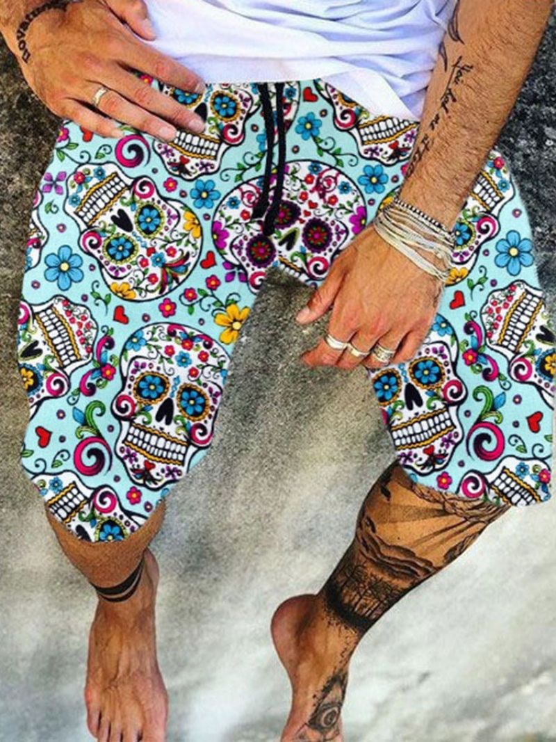 Straight Skull Print Mid Waist Miesten Vapaat Shortsit