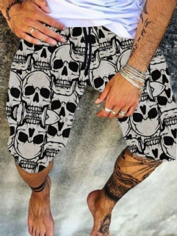 Straight Skull Print Mid Waist Miesten Vapaat Shortsit