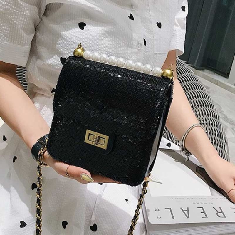 Beads Plain Pu Glisten Crossbody Bag