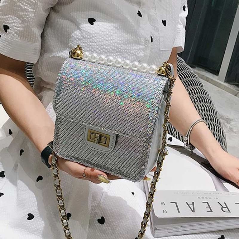 Beads Plain Pu Glisten Crossbody Bag