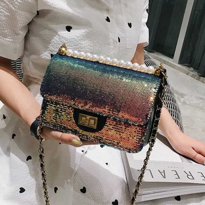 Beads Pu Plain Glisten Crossbody Bag