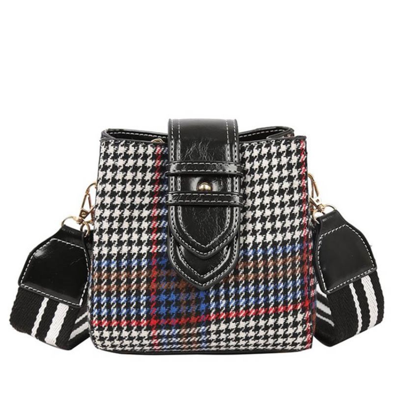 Houndstooth Wool Blends Barrel Shaped Grid Crossbody Laukku