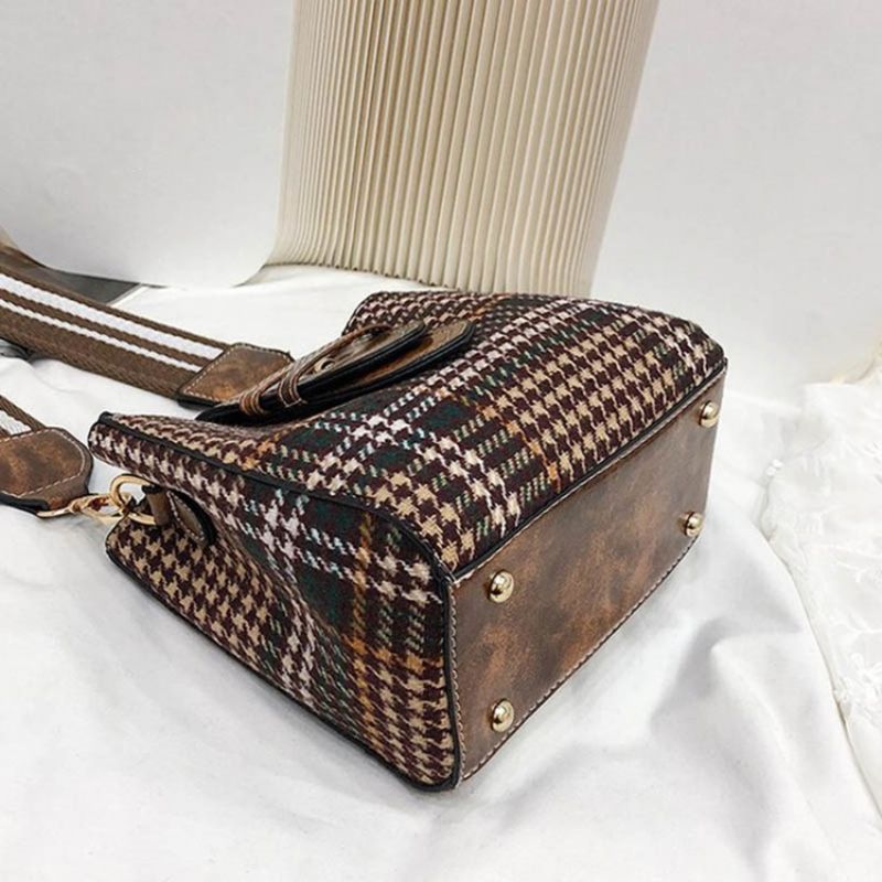 Houndstooth Wool Blends Barrel Shaped Grid Crossbody Laukku