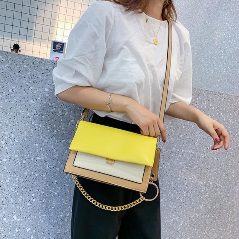 Pu Color Block Chain Suorakulmio Crossbody Laukut