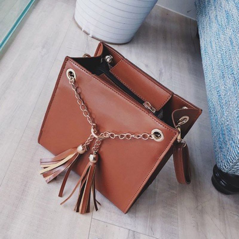 Pu Tassel Plain Square Crossbody Laukku