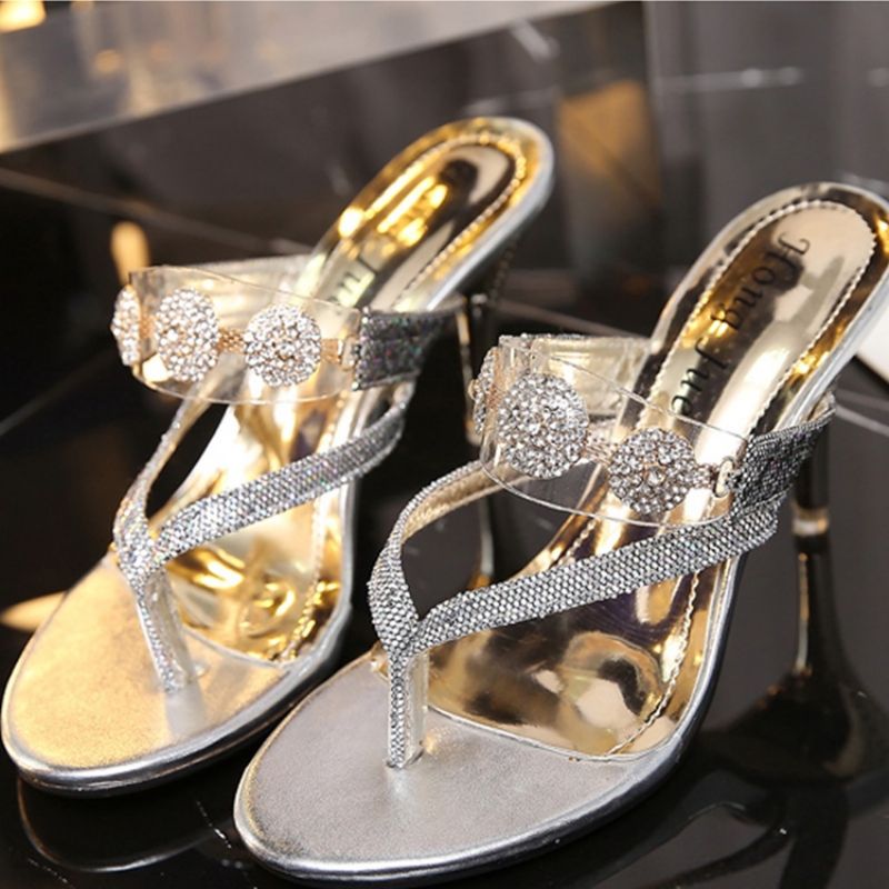 Rhinestone & Sequin Thong Slip-On Stiletto Heel Mules Kengät