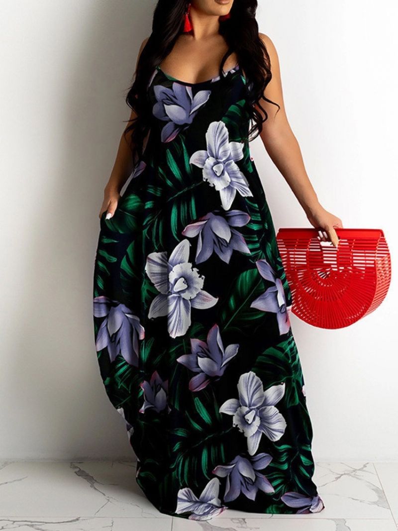 Tulosta Lattiapituinen Hihaton Bud-Floral Maxi-Mekko