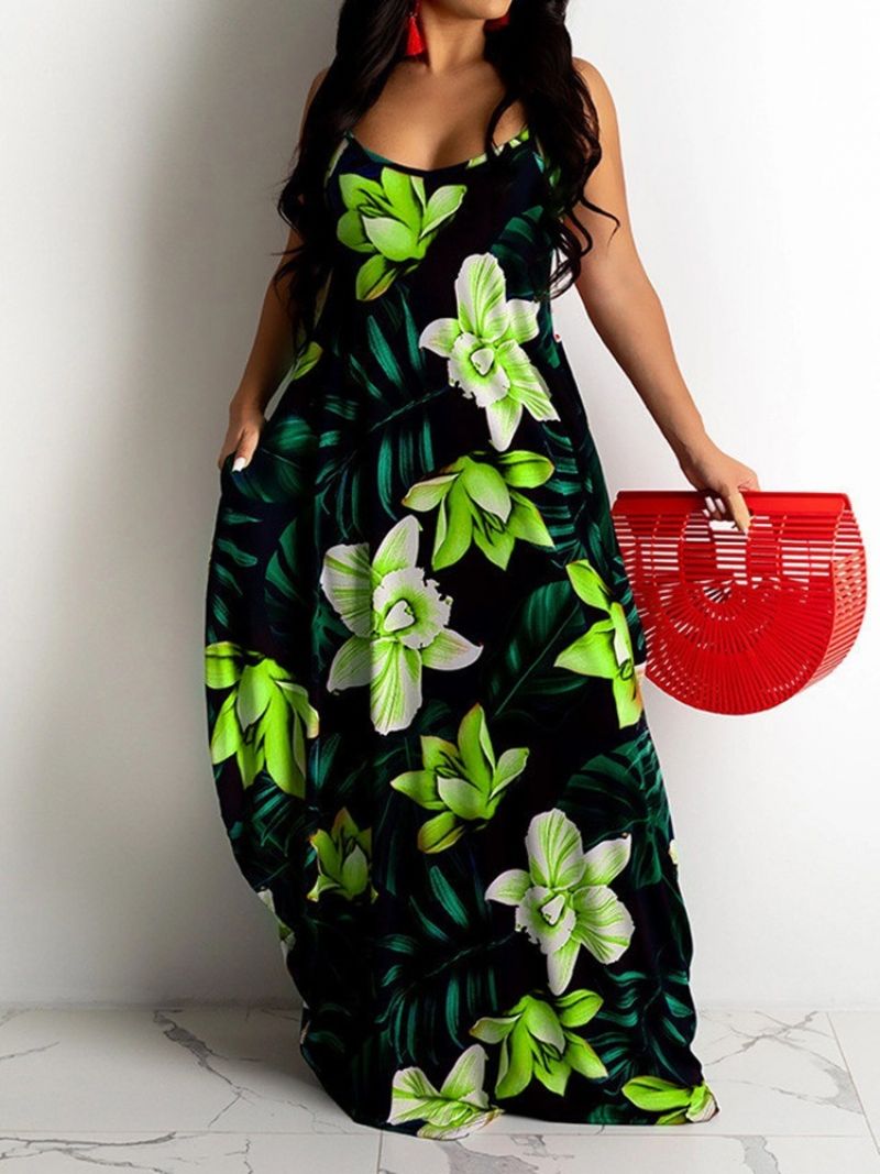 Tulosta Lattiapituinen Hihaton Bud-Floral Maxi-Mekko