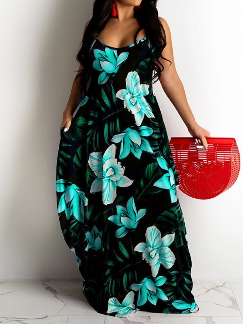 Tulosta Lattiapituinen Hihaton Bud-Floral Maxi-Mekko