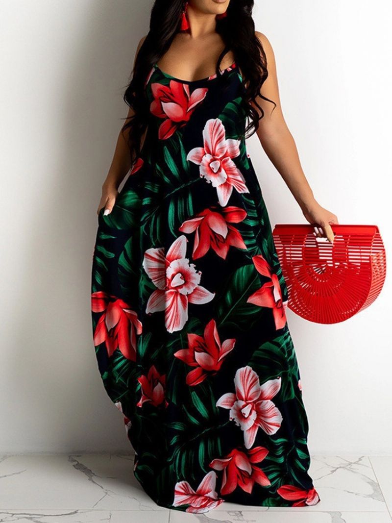 Tulosta Lattiapituinen Hihaton Bud-Floral Maxi-Mekko