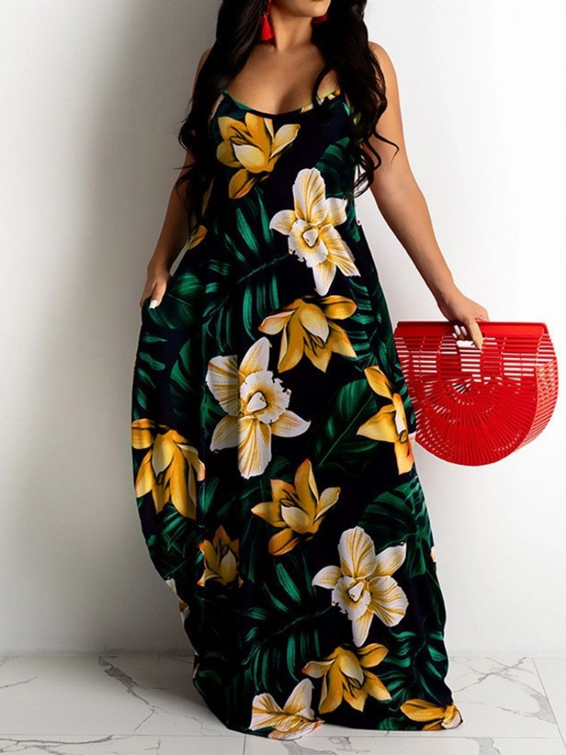 Tulosta Lattiapituinen Hihaton Bud-Floral Maxi-Mekko