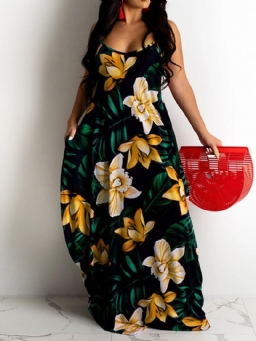 Tulosta Lattiapituinen Hihaton Bud-Floral Maxi-Mekko