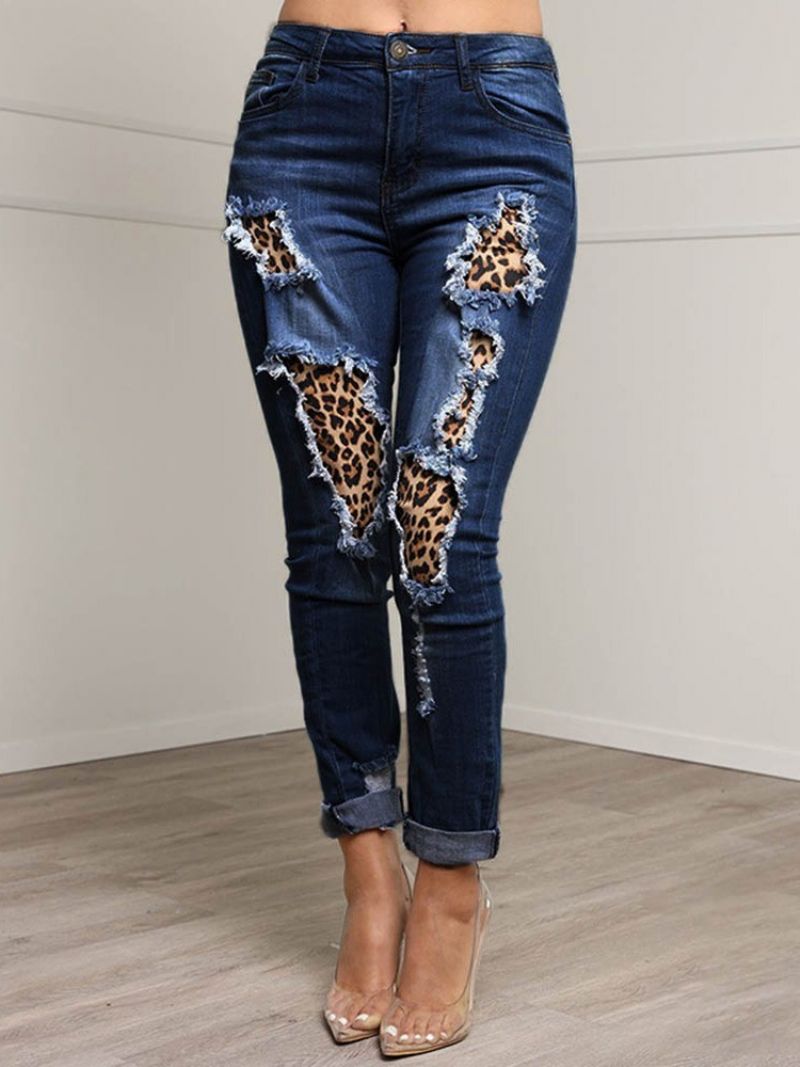 Patchwork Leopard Pencil Pants Vetoketjulliset Naisten Slim Farkut