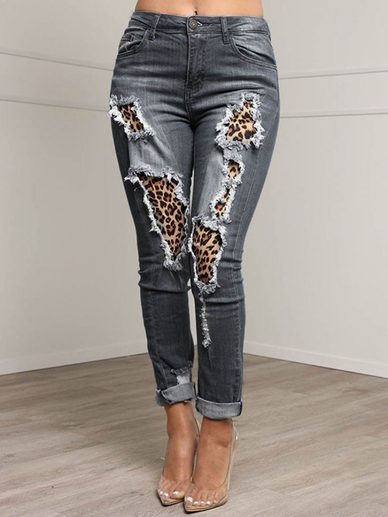 Patchwork Leopard Pencil Pants Vetoketjulliset Naisten Slim Farkut