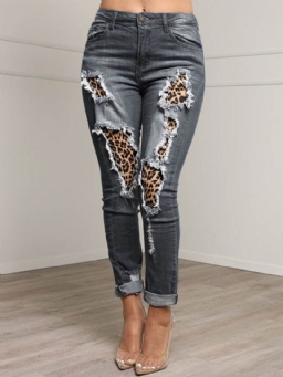 Patchwork Leopard Pencil Pants Vetoketjulliset Naisten Slim Farkut