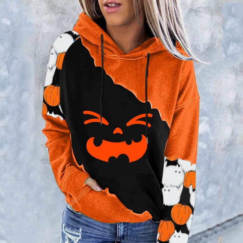 Halloween Color Block Print Raglan Sleeve Talvi Pitkähihainen Huppari