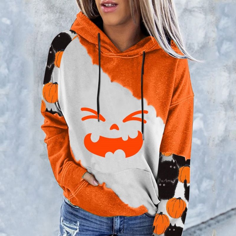 Halloween Color Block Print Raglan Sleeve Talvi Pitkähihainen Huppari