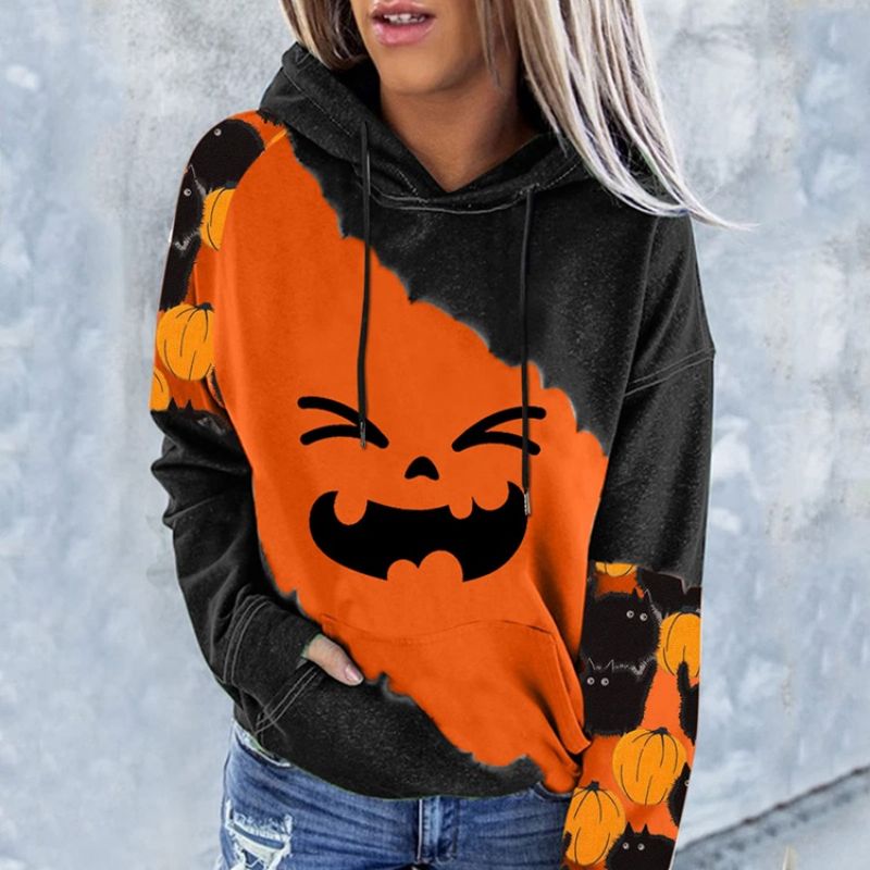 Halloween Color Block Print Raglan Sleeve Talvi Pitkähihainen Huppari