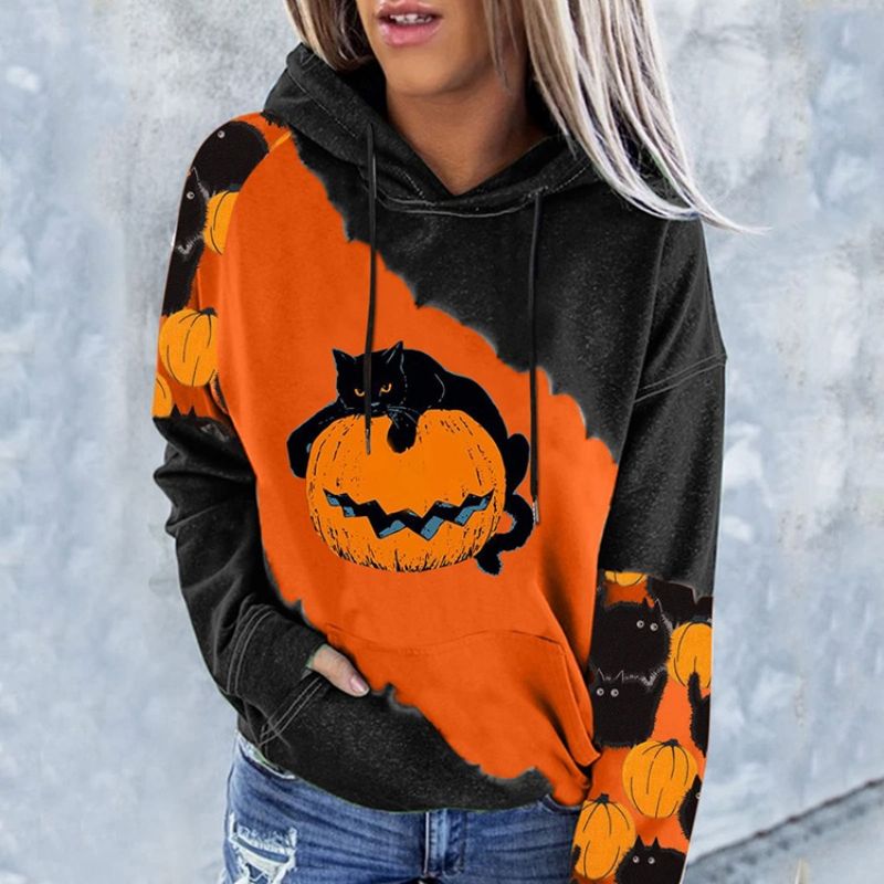 Halloween Color Block Raglan Sleeve Print Hupullinen Pitkähihainen Huppari