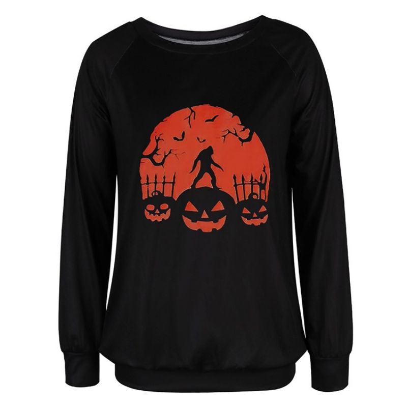 Halloween Print Skull Raglan Sleeve Pyöreäkaula-Aukkoinen Pitkähihainen Huppari