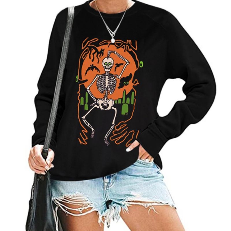 Halloween Print Skull Raglan Sleeve Pyöreäkaula-Aukkoinen Pitkähihainen Huppari