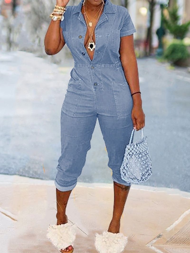 Casual Button Plain Pencil Pants Slim Jumpsuit