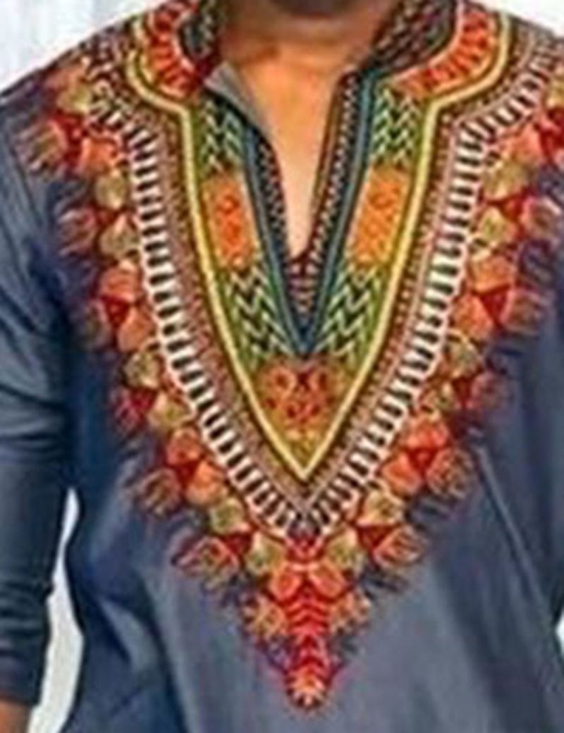 African Muoti Dashiki Print Color Block V-Aukkoinen Ohut Miesten T-Paita