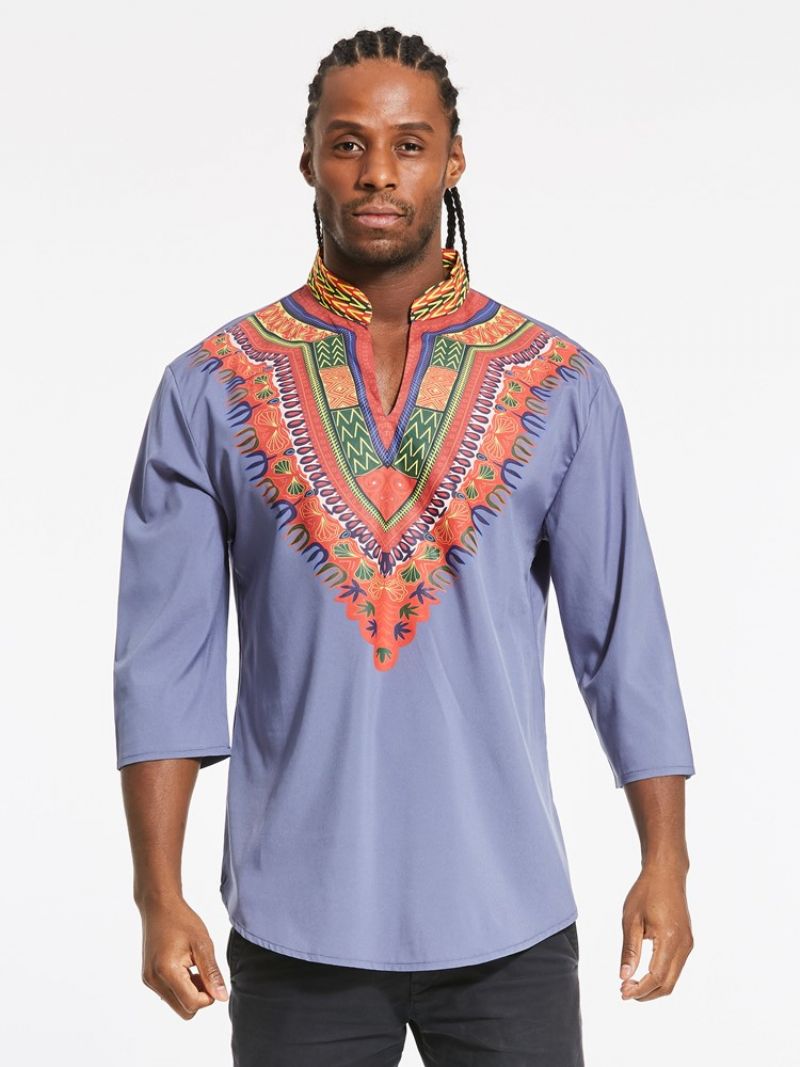 African Muoti Dashiki Print Color Block V-Aukkoinen Ohut Miesten T-Paita