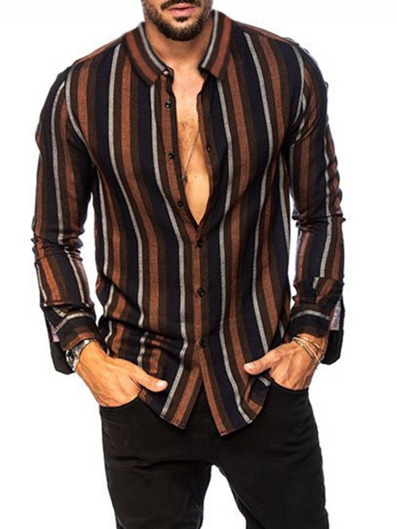 Lapel Stripe Print Single-Breasted Casual Slim Paita