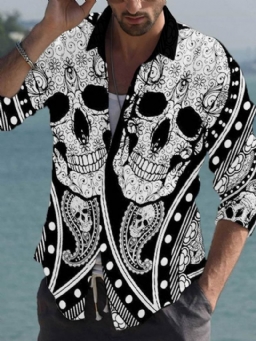 Tiktok Lapel Print Skull Slim Summer Shirt