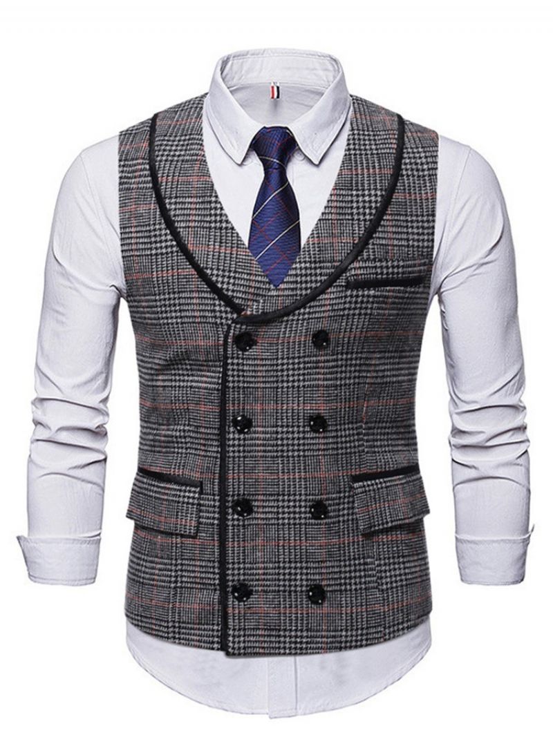 Lapel Pocket Plaid Fall Kaksirivinen Liivi