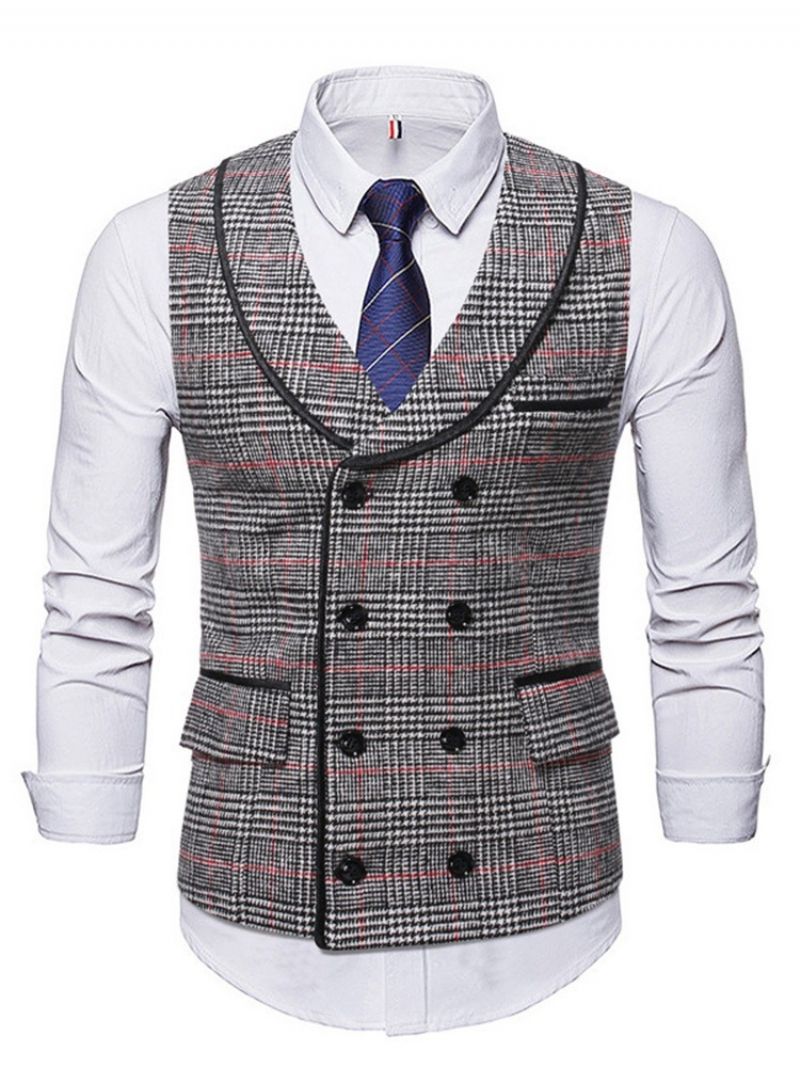 Lapel Pocket Plaid Fall Kaksirivinen Liivi