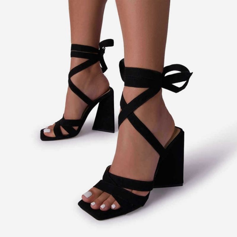 Lace-Up Chunky Heel European Open Toe Plain Sandaalit