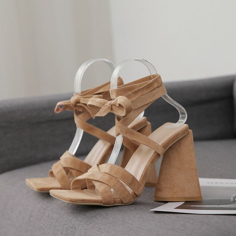 Lace-Up Chunky Heel European Open Toe Plain Sandaalit