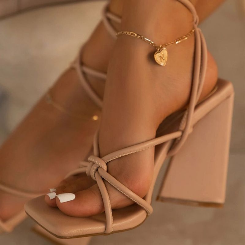 Lace-Up Square Toe Chunky Heel Plain Sandaalit