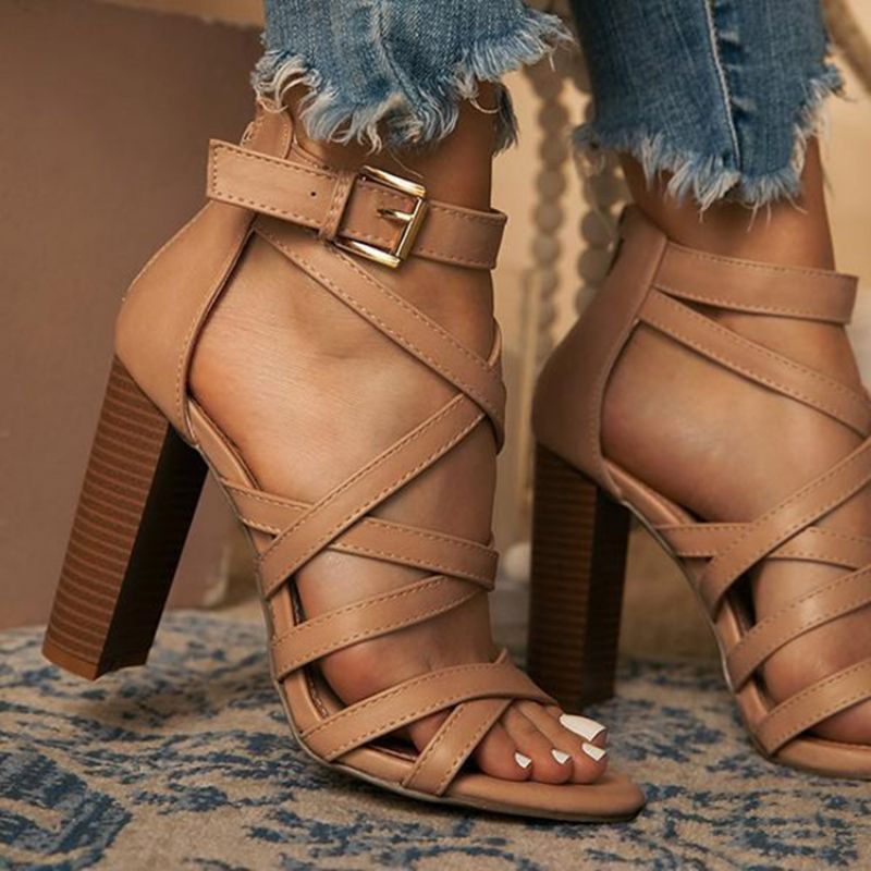 Open Toe Chunky Heel Buckle Plain Sandaalit