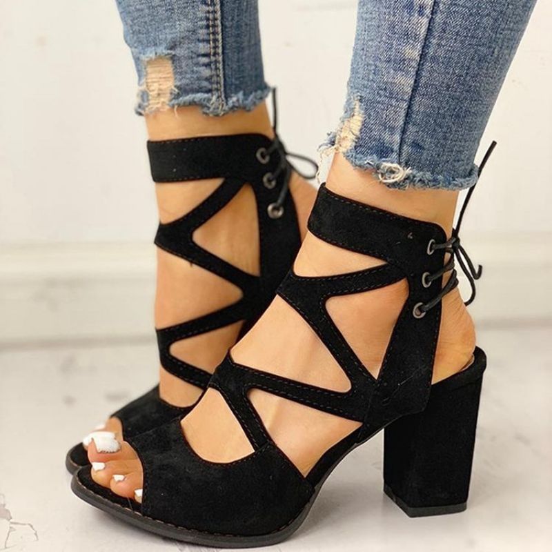 Paksu Heel Peep Toe Lace-Up Naisten Ammattisandaalit