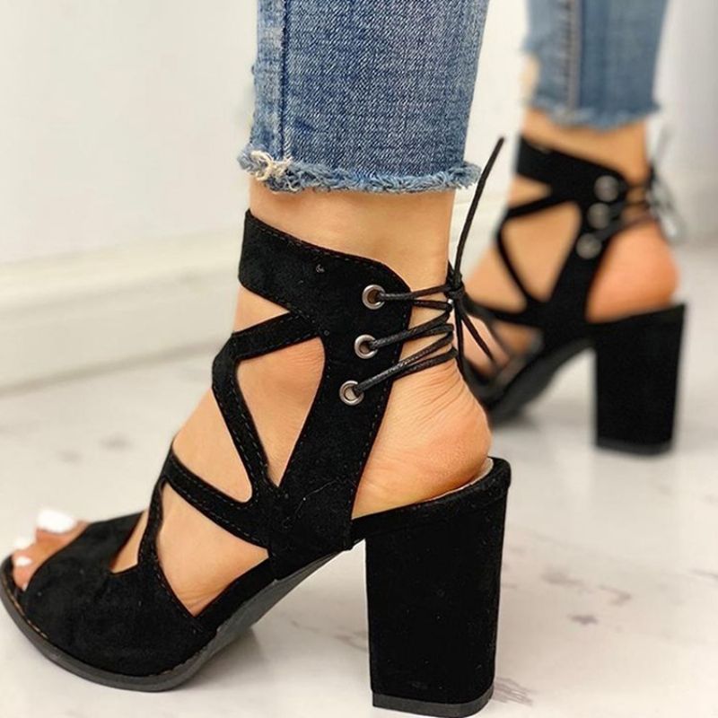 Paksu Heel Peep Toe Lace-Up Naisten Ammattisandaalit