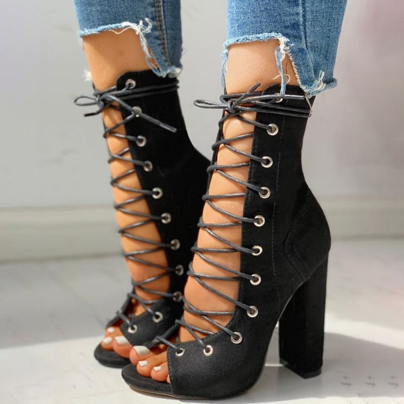 Peep Toe Chunky Heel Lace-Up Ontot Sandaalit