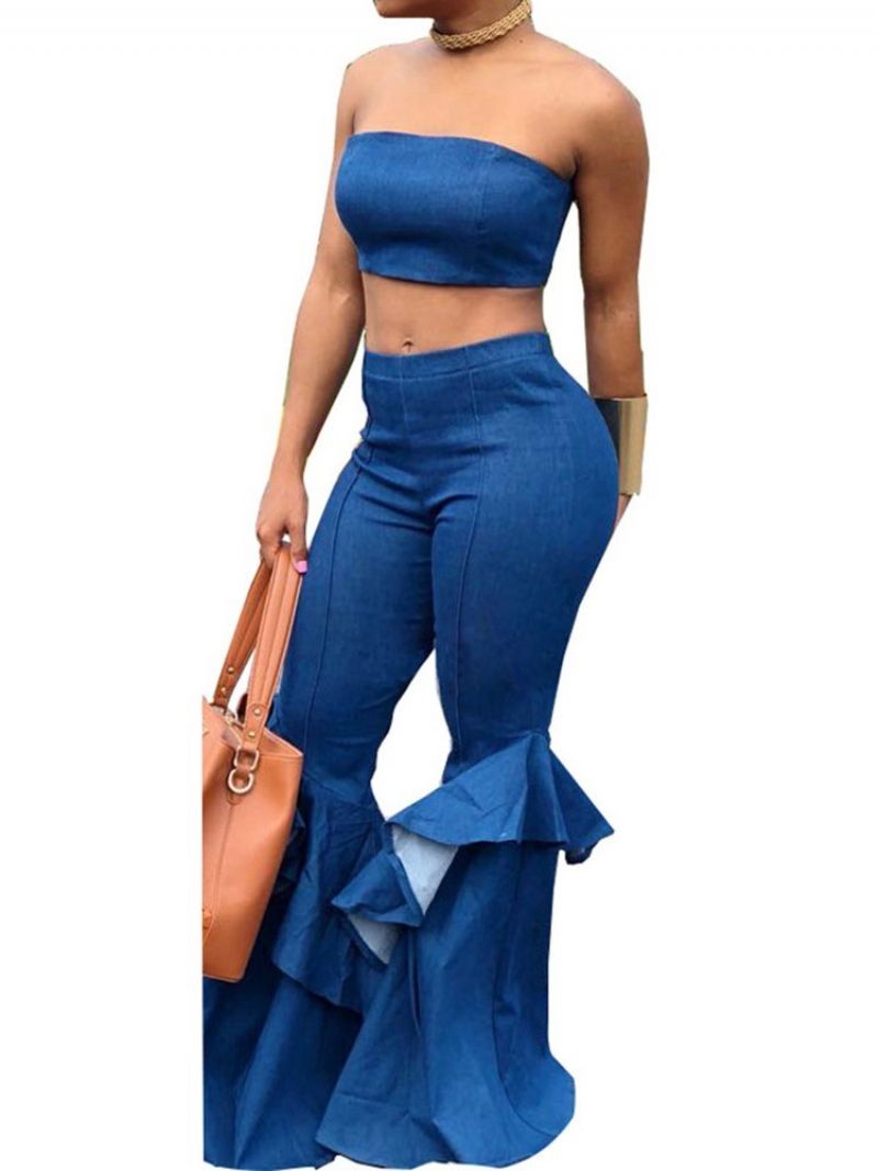 Sexy Pants Backless Bellbottoms Pullover Kaksiosaiset Setit Denim Pants Set