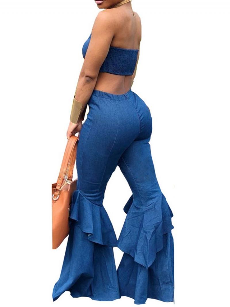 Sexy Pants Backless Bellbottoms Pullover Kaksiosaiset Setit Denim Pants Set