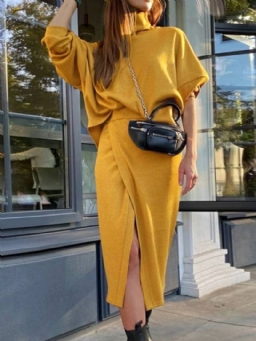 Sweet Split Plain Turtleneck Bodycon Kaksiosaiset Setit