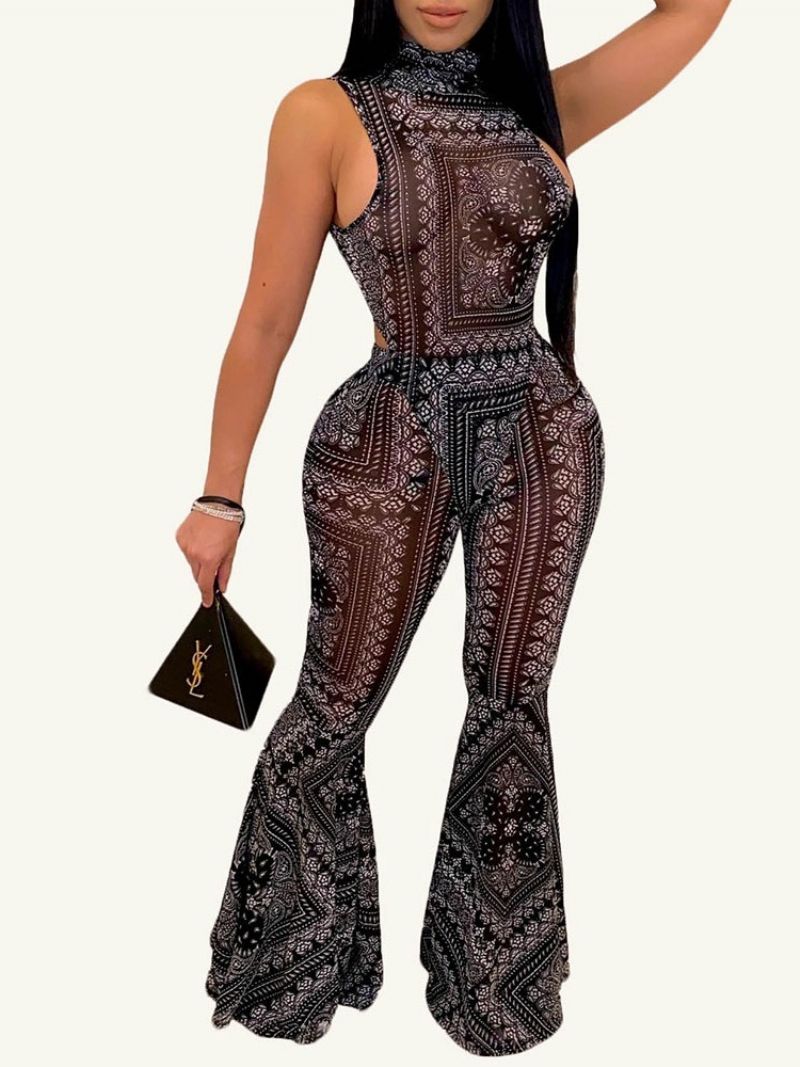 Tulosta Western Jumpsuit Turtleneck Leveät Jalat Naisten Kaksiosaiset Setit