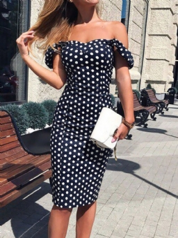 Patchwork Pohkeen Puoliväliin Ulottuva Lyhythihainen Seksikäs Polka Dots Bodycon Mekko