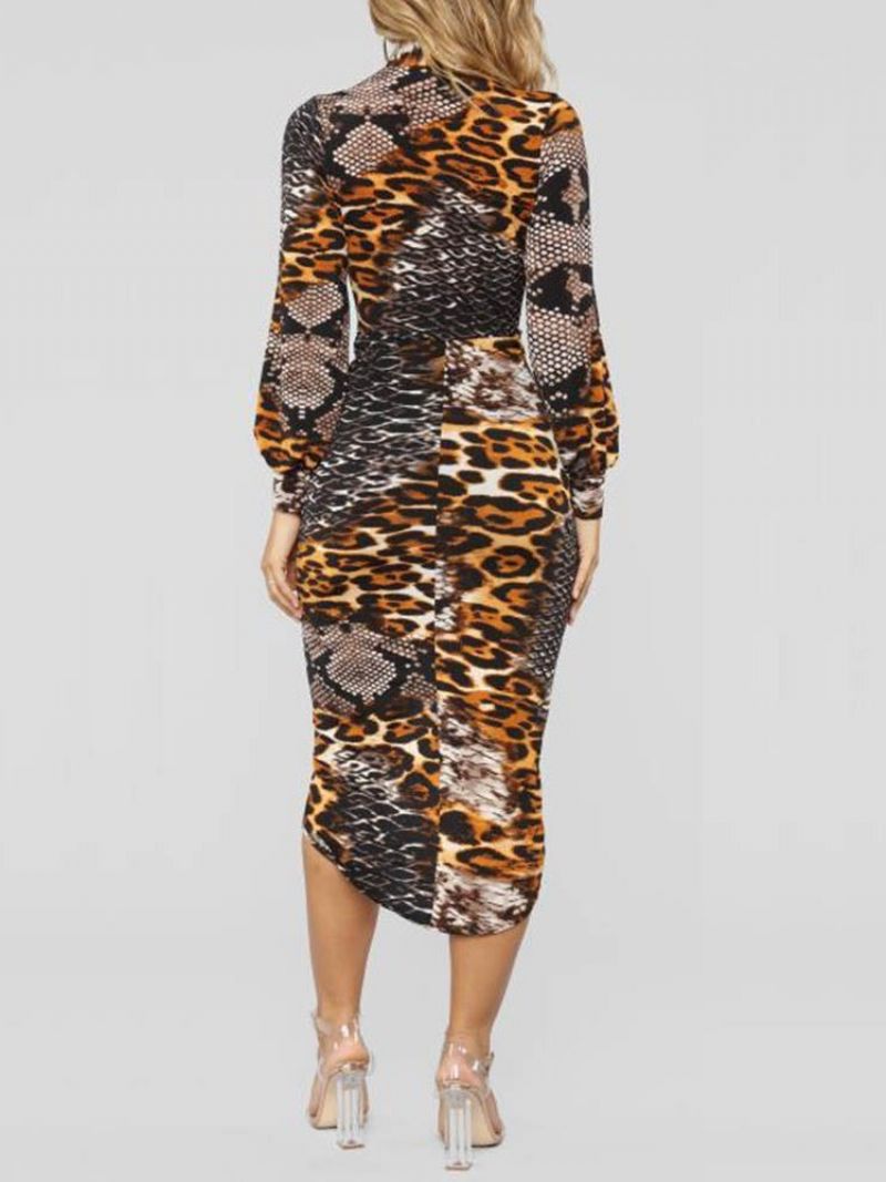 Pitkähihainen Printti V-Kaula Bodycon Leopard Mekko