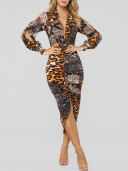 Pitkähihainen Printti V-Kaula Bodycon Leopard Mekko